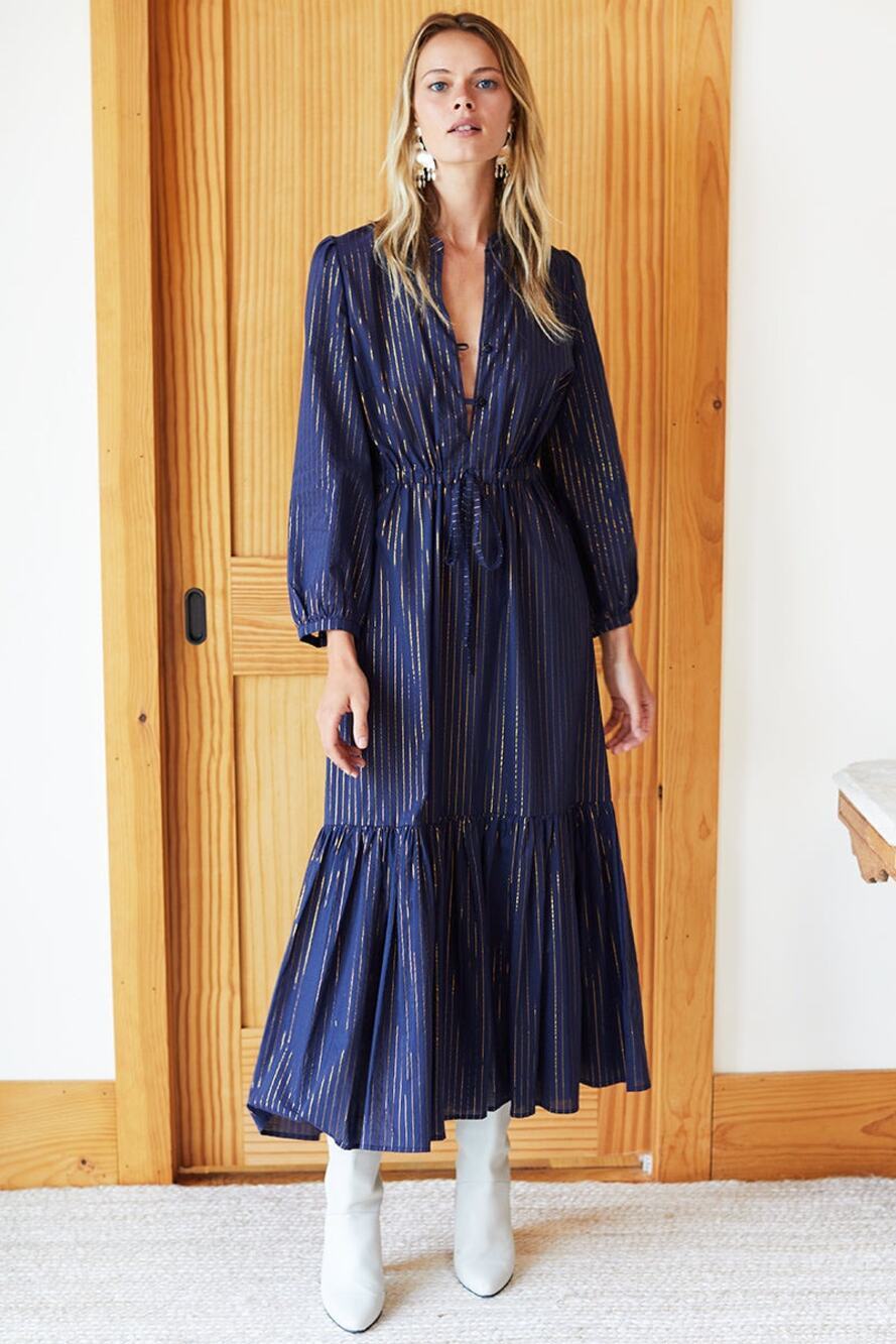 Emerson Fry The India Collection FRANCES maxi Striped DRESS 2 MARITIME LUREX XS